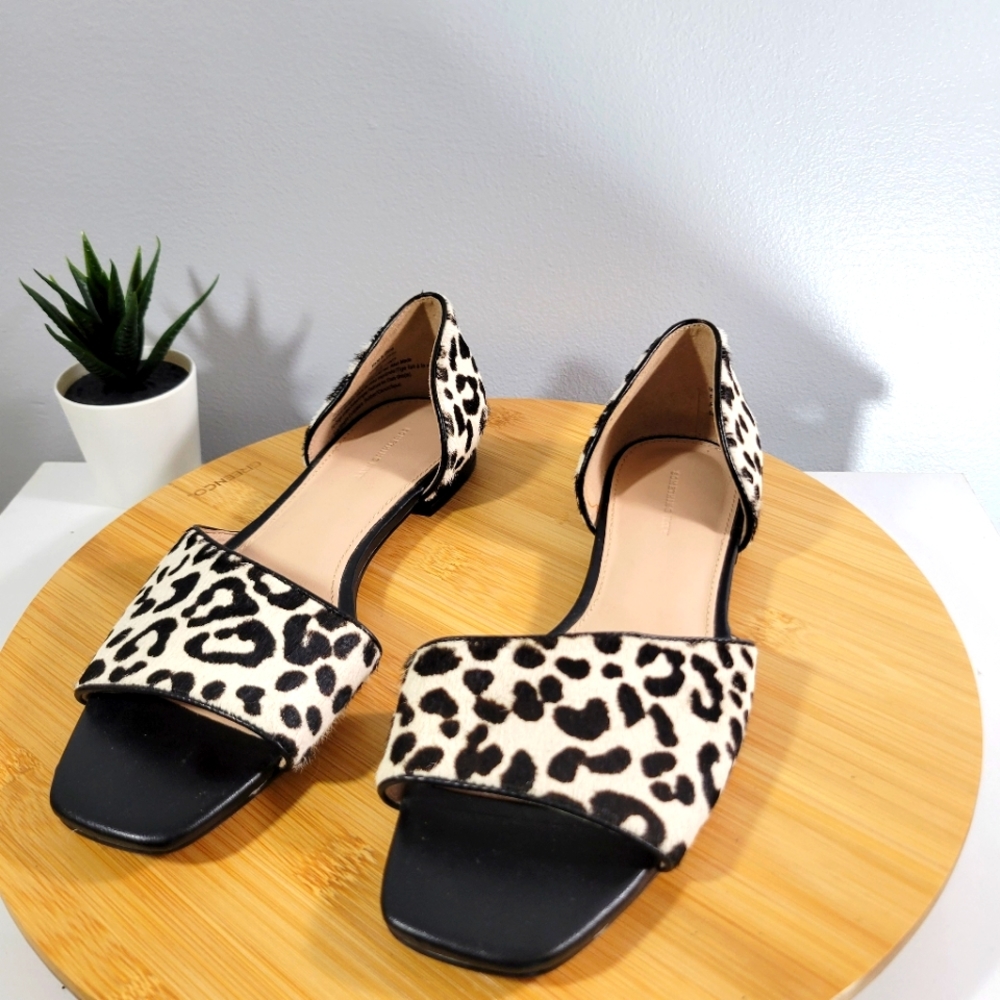 SOMETHING NAVY Juliana D'Orsay calf hair leopard print open toe flat sandals